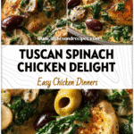 Golden chicken breasts in a creamy spinach and mushroom Tuscan sauce garnished with olives